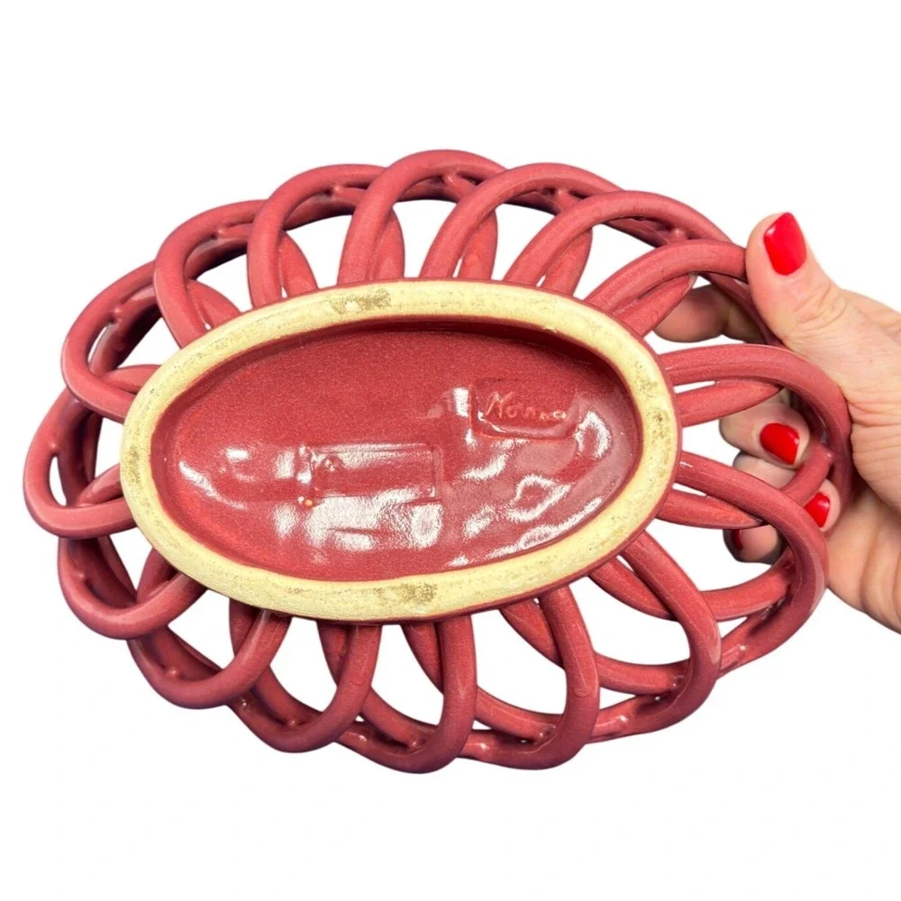 Signed Ceramic Woven Lattice Bread Basket Bowl Cranberry Red Glazed Oval‎ 9in